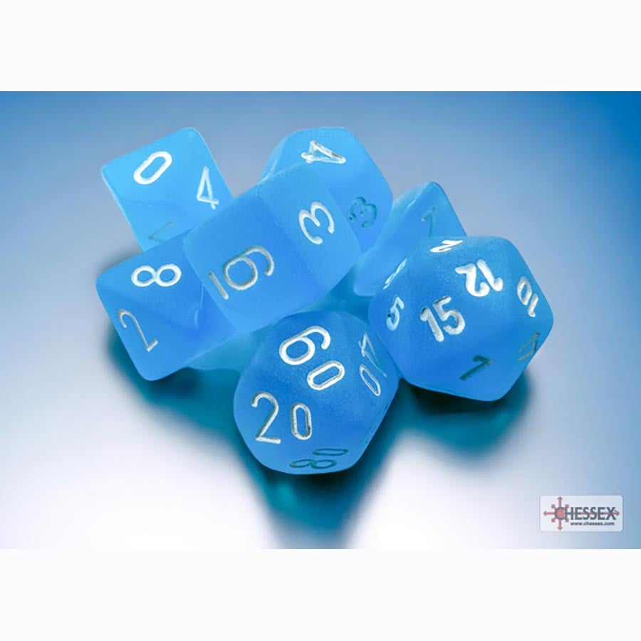 7CT MINI-POLYHEDRAL DICE SET: FROSTED CARIBBEAN BLUE WITH WHITE