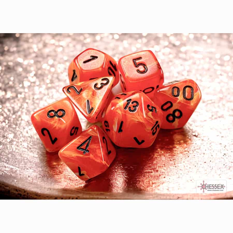 7CT MINI-POLYHEDRAL DICE SET: VORTEX ORANGE WITH BLACK