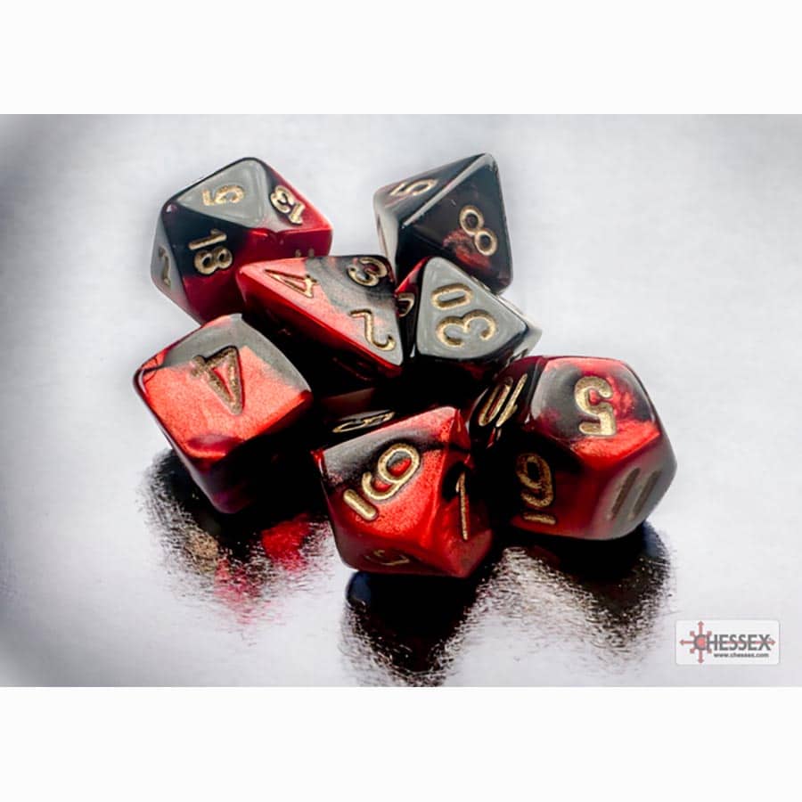 7CT MINI-POLYHEDRAL DICE SET: GEMINI BLACK-RED WITH GOLD