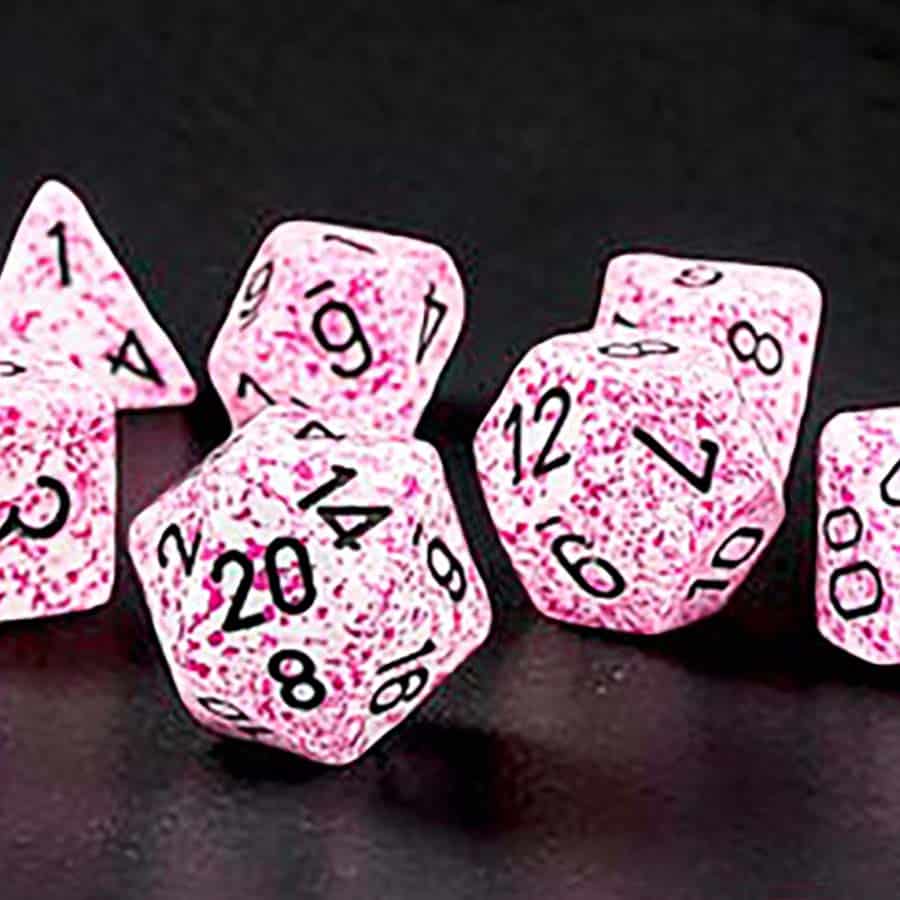 SPECKLED DICE: POLYHEDRAL PINK WITH BLACK 7-DIE SET