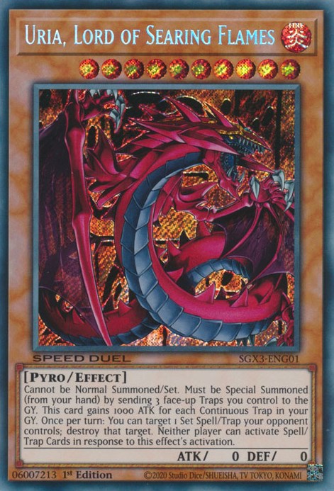 uria yugioh card Uria, Lord of Searing Flames - SOI-EN001 - LP - 1st Edition Ultra An individual card from the Yu Uria, Lord of Searing Flames