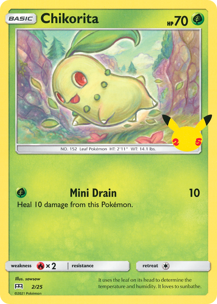 mcdonalds 25 pokemon cards Chikorita - 2/25 - McDonald's 25th Anniversary Promo - Holo - Pokemon Singles Pokemon Promos McDonald's Promos - Poke This attack does 20 damage times the number of heads Full Set 25 POKEMON CARDS~McDonalds
