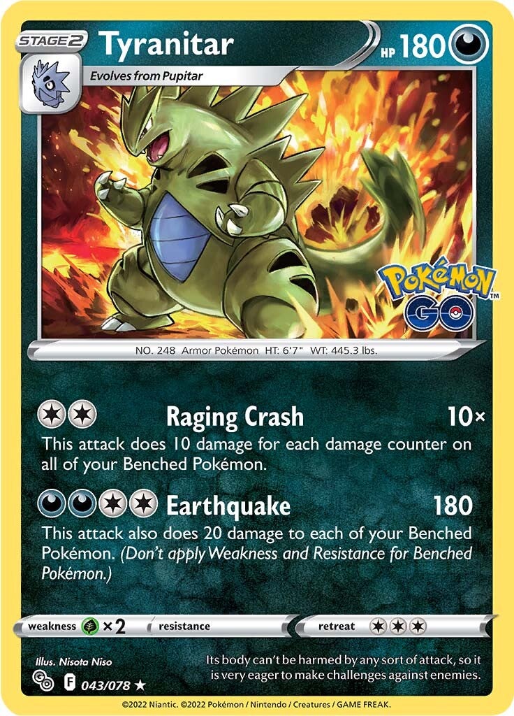 tyranitar pokemon go card Pokemon ttar Anyone else love a lot of the hits from Go? I personally love this and the dragonites. What's your favorite hit from Pokemon go? #ttartuesday Like-Comment-Repost-Share #pokemon # As long as this Pokemon is on your Bench Tyranitar 2022 Holo Rare Pokemon