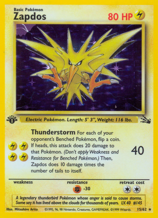 zapdos pokemon card first edition 1st Pokemon Card Zapdos (Holographic) ZAPDOS - 15/62 - Fossil